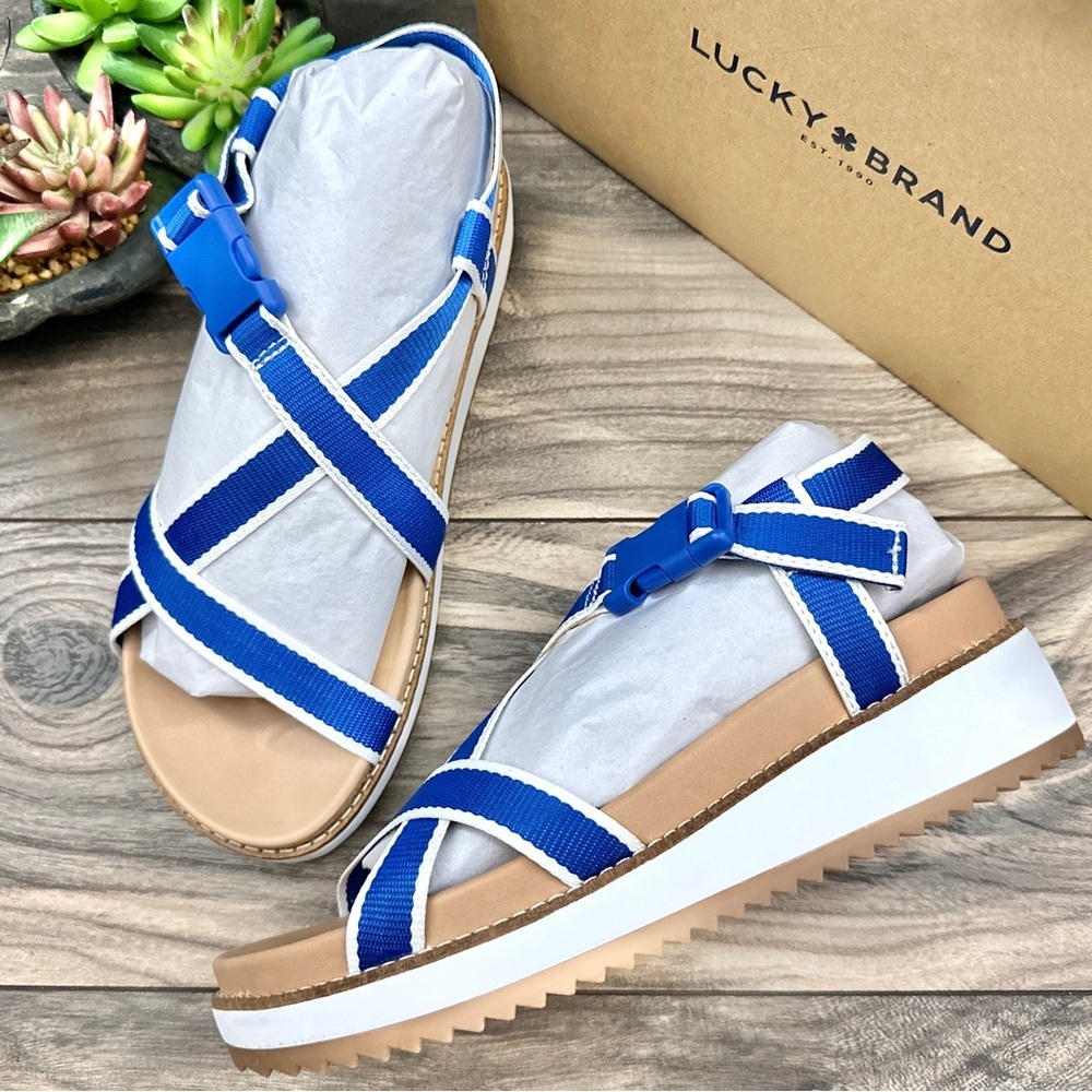 NIB Lucky Brand Imbae Strappy Platform Wedge Sandal Classic Blue Textile 8.5M